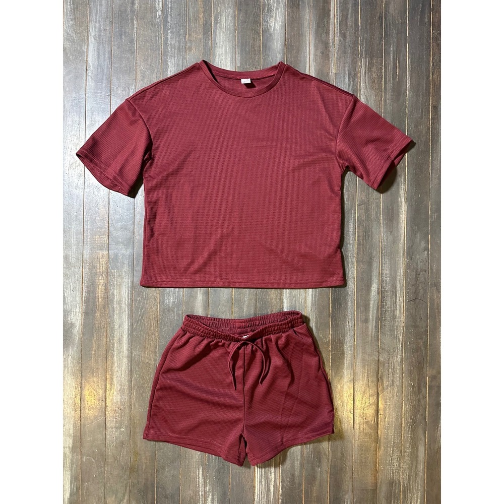 Shein Kids Waffle Knit 2 Piece Set Burgundy Maroon Shirt and Shorts Set Size 11Y